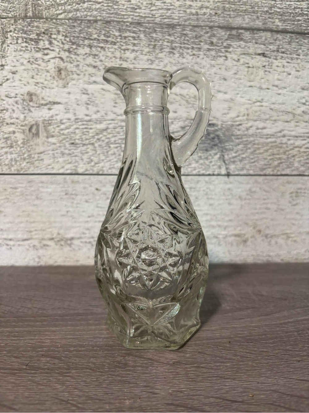 Clear Pressed Glass Cruet Pitcher with Starburst Pattern